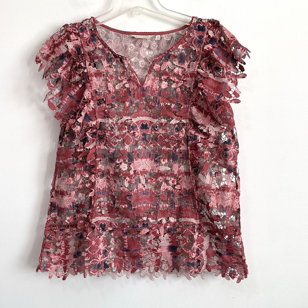 Soft Surroundings Bougainvillea Top M Laser Cut Floral Lace Blouse Pink Sheer